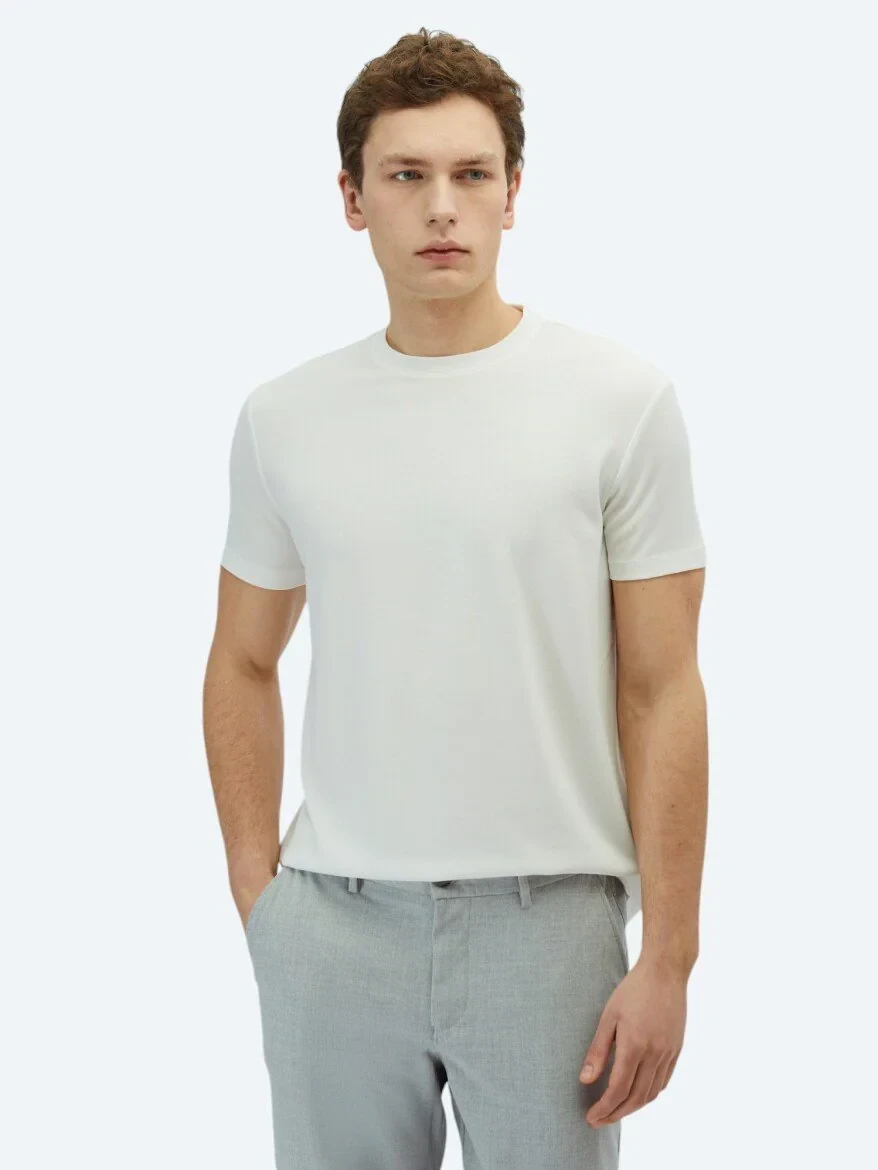 Ekru Düz Bisiklet Yaka T-Shirt - 1