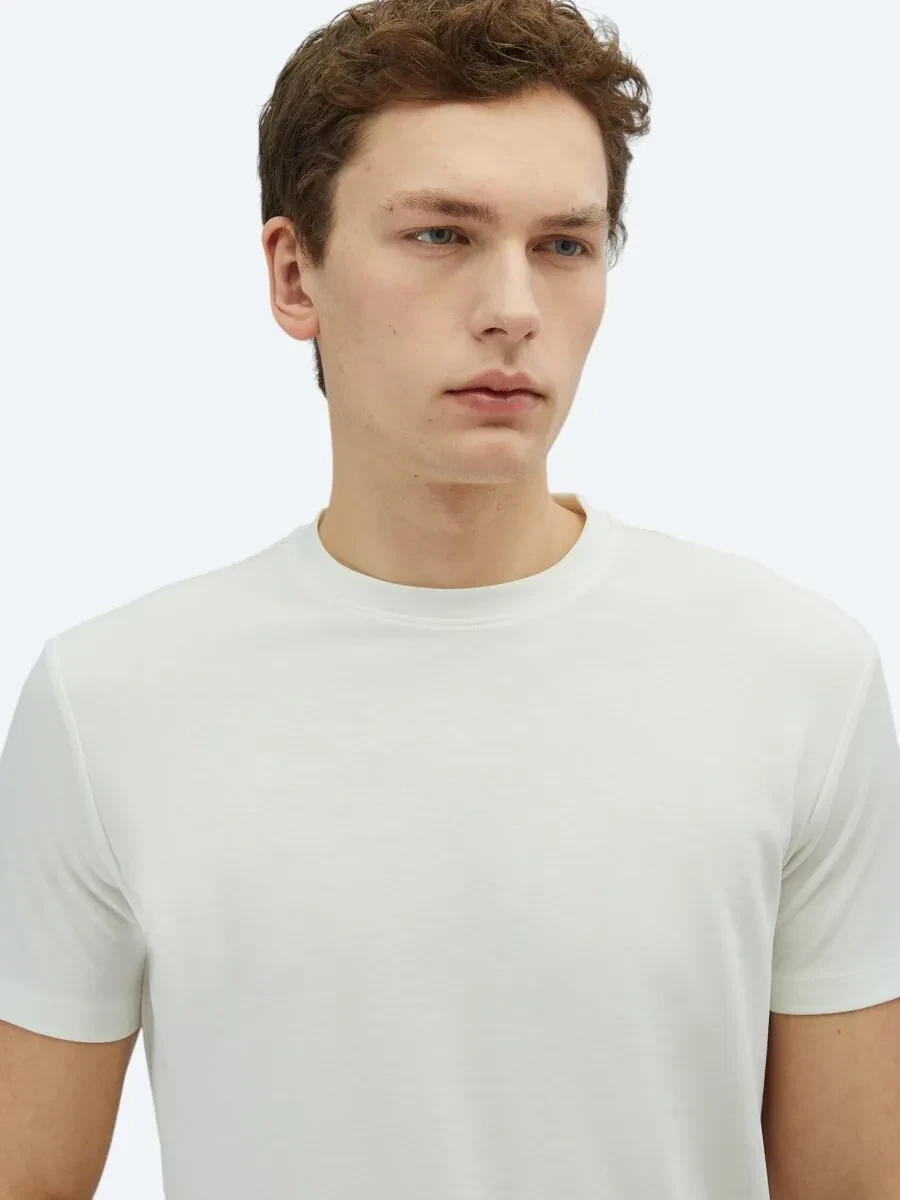 Ekru Düz Bisiklet Yaka T-Shirt - 3