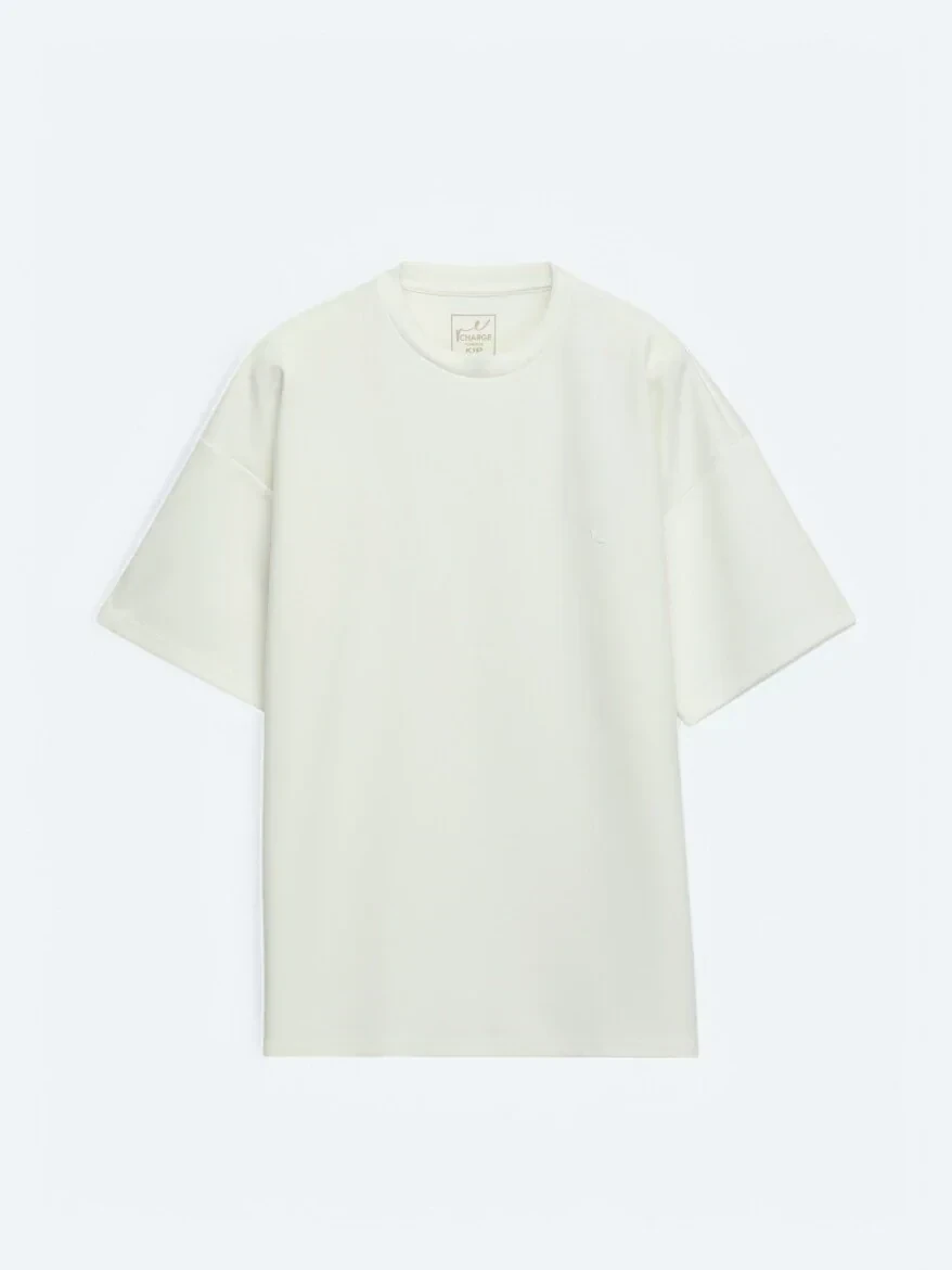 Ekru Düz Bisiklet Yaka T-Shirt - 5