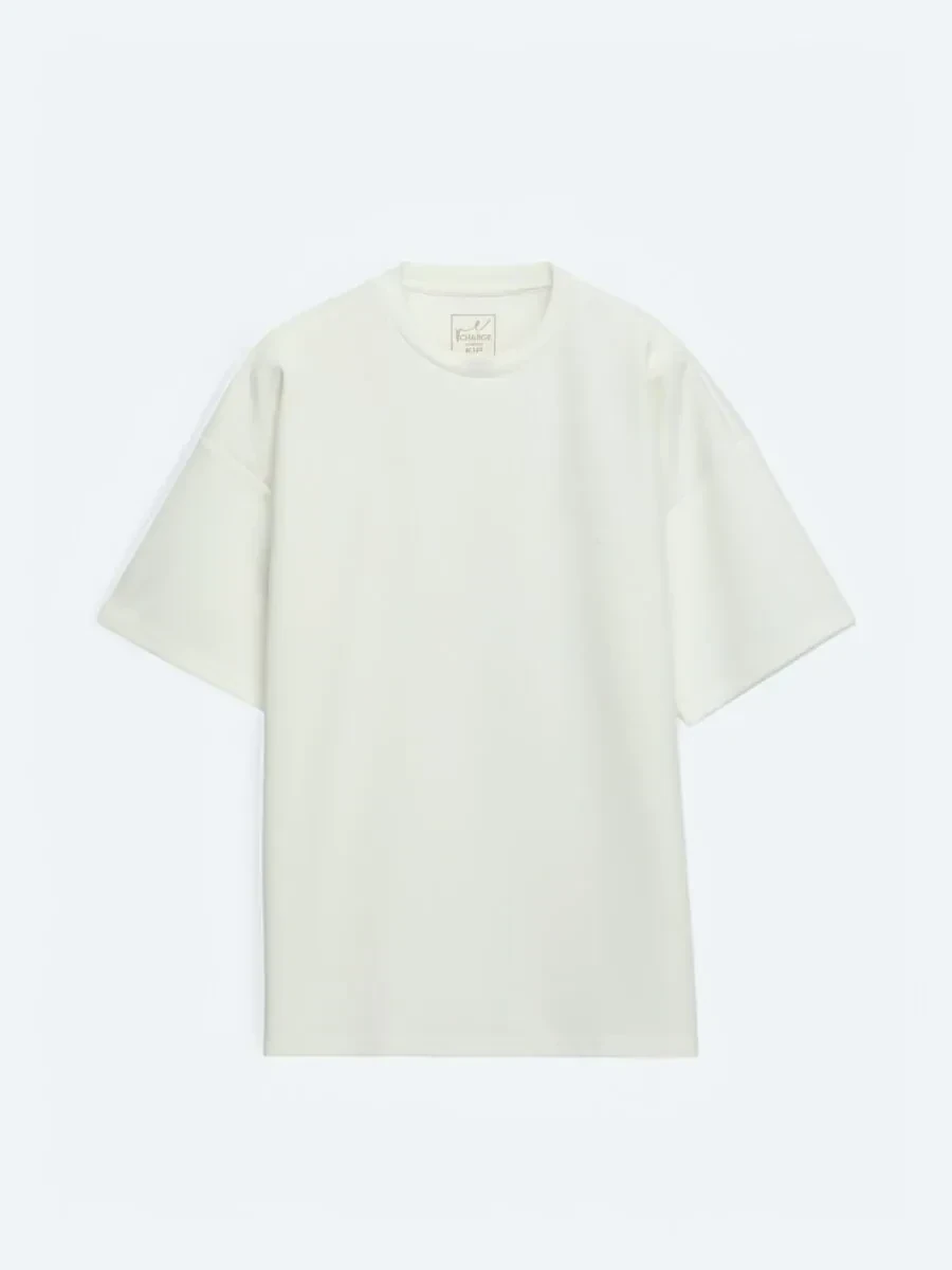 Ekru Düz Bisiklet Yaka T-Shirt - 5