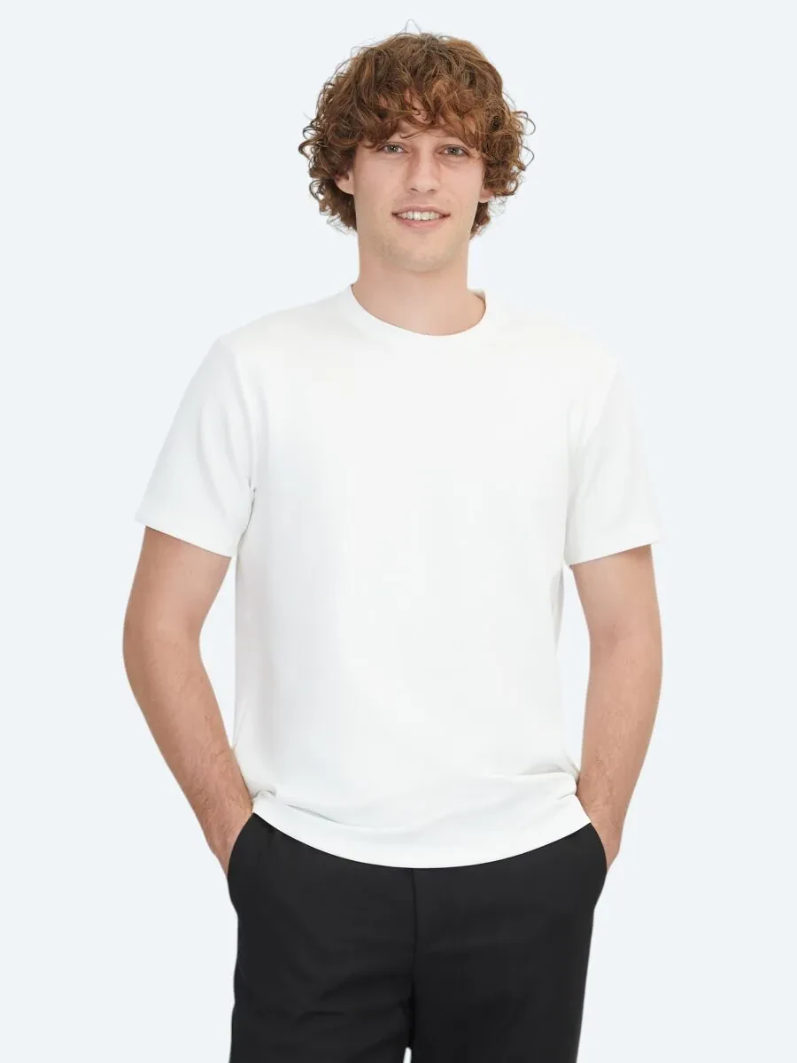 Ekru Düz Bisiklet Yaka T-Shirt - 1