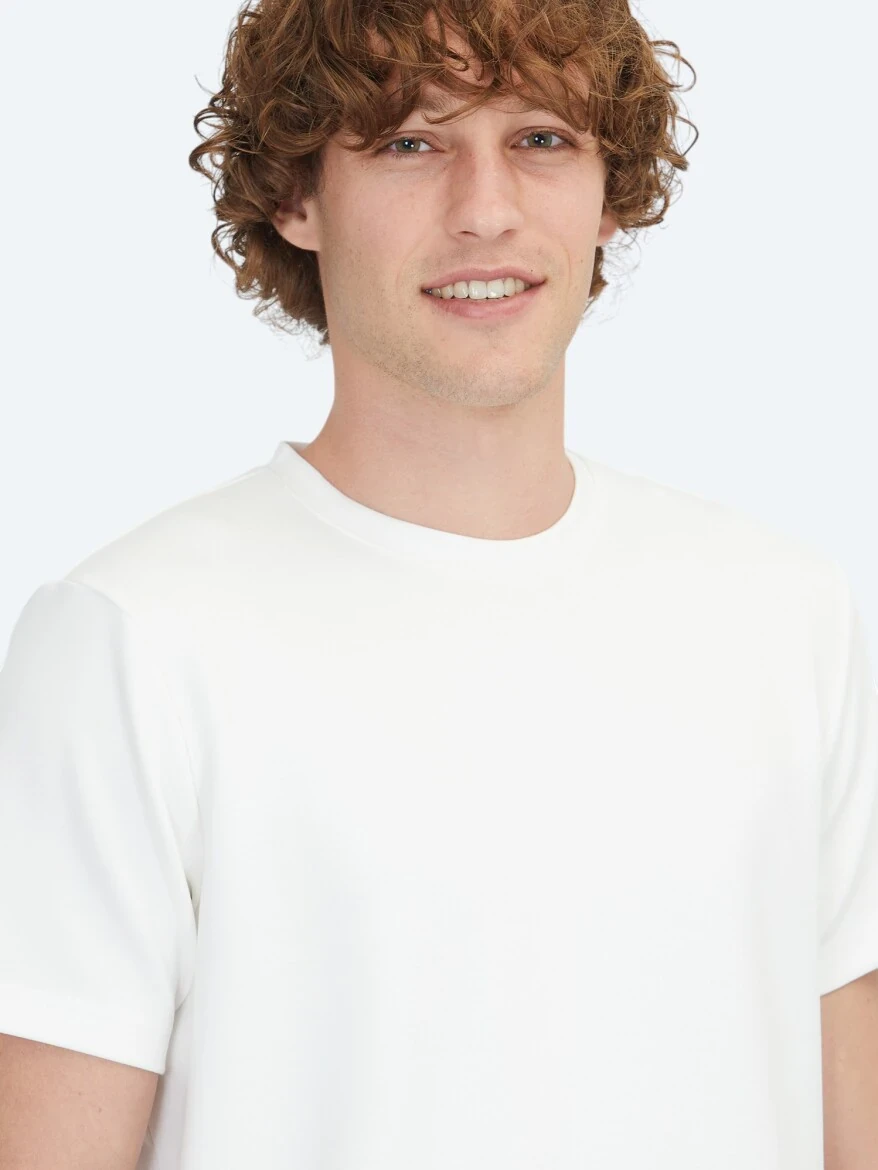 Ekru Düz Bisiklet Yaka T-Shirt - 3