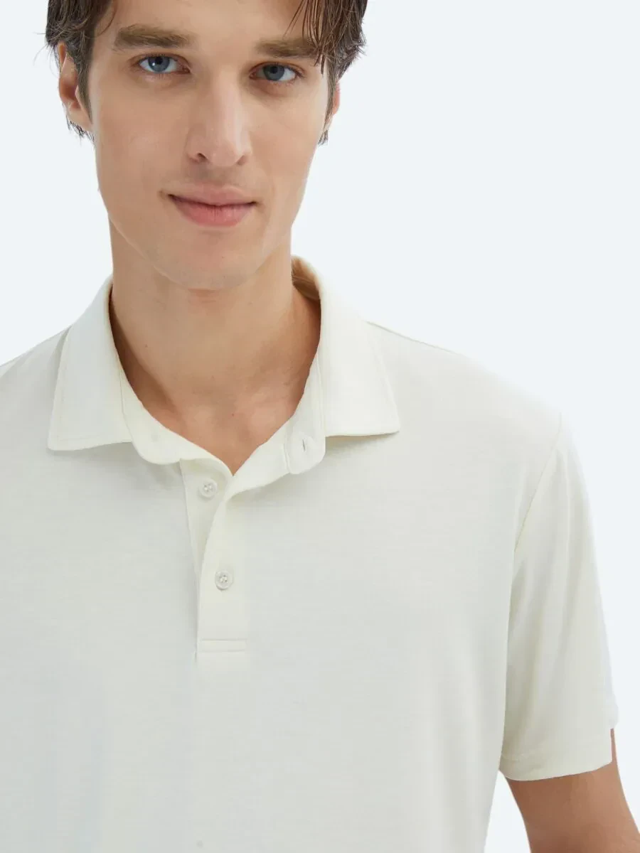 Ekru Düz Çevre Dostu Polo Yaka T-Shirt - 3