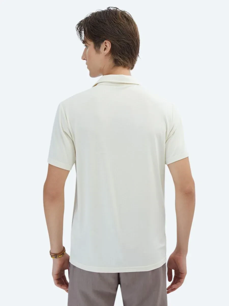 Ekru Düz Çevre Dostu Polo Yaka T-Shirt - 6