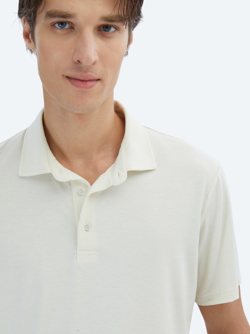 Ekru Düz Çevre Dostu Polo Yaka T-Shirt - 3