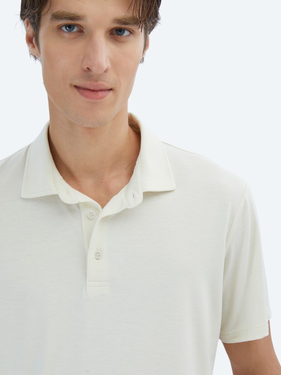 Ekru Düz Çevre Dostu Polo Yaka T-Shirt - 3