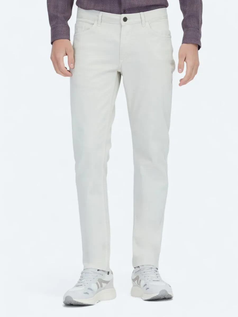 Ekru Düz Dokuma Slim Fit Casual Pamuk Karışımlı Pantolon - 2