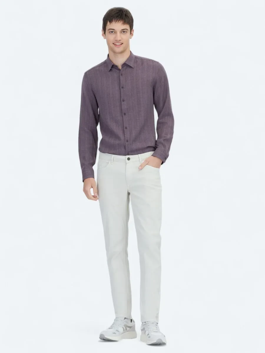 Ekru Düz Dokuma Slim Fit Casual Pamuk Karışımlı Pantolon - 1