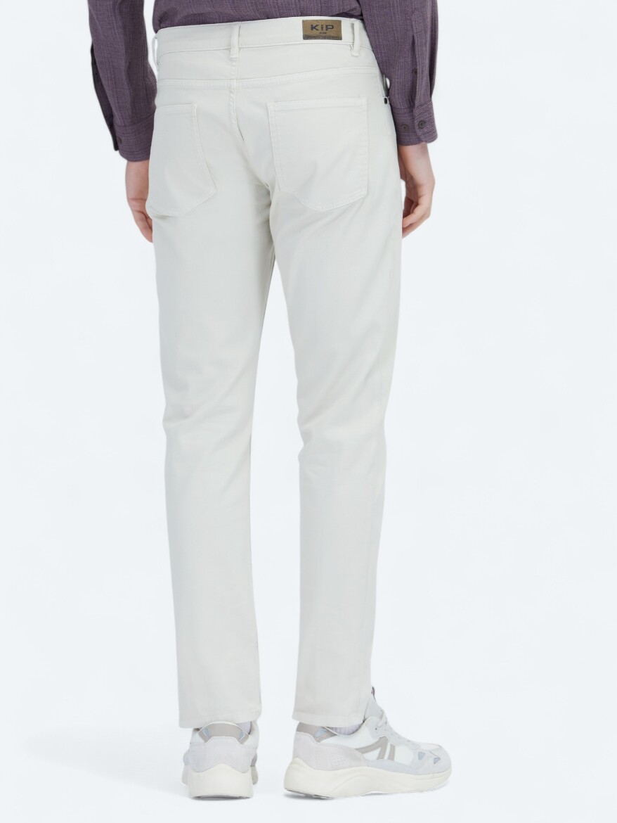 Ekru Düz Dokuma Slim Fit Casual Pamuk Karışımlı Pantolon - 4