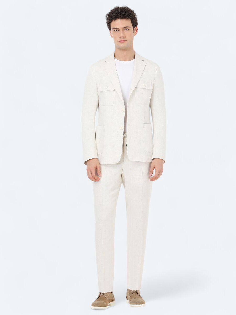 Ekru Düz Modern Fit Keten Karışımlı Takım Elbise - 2