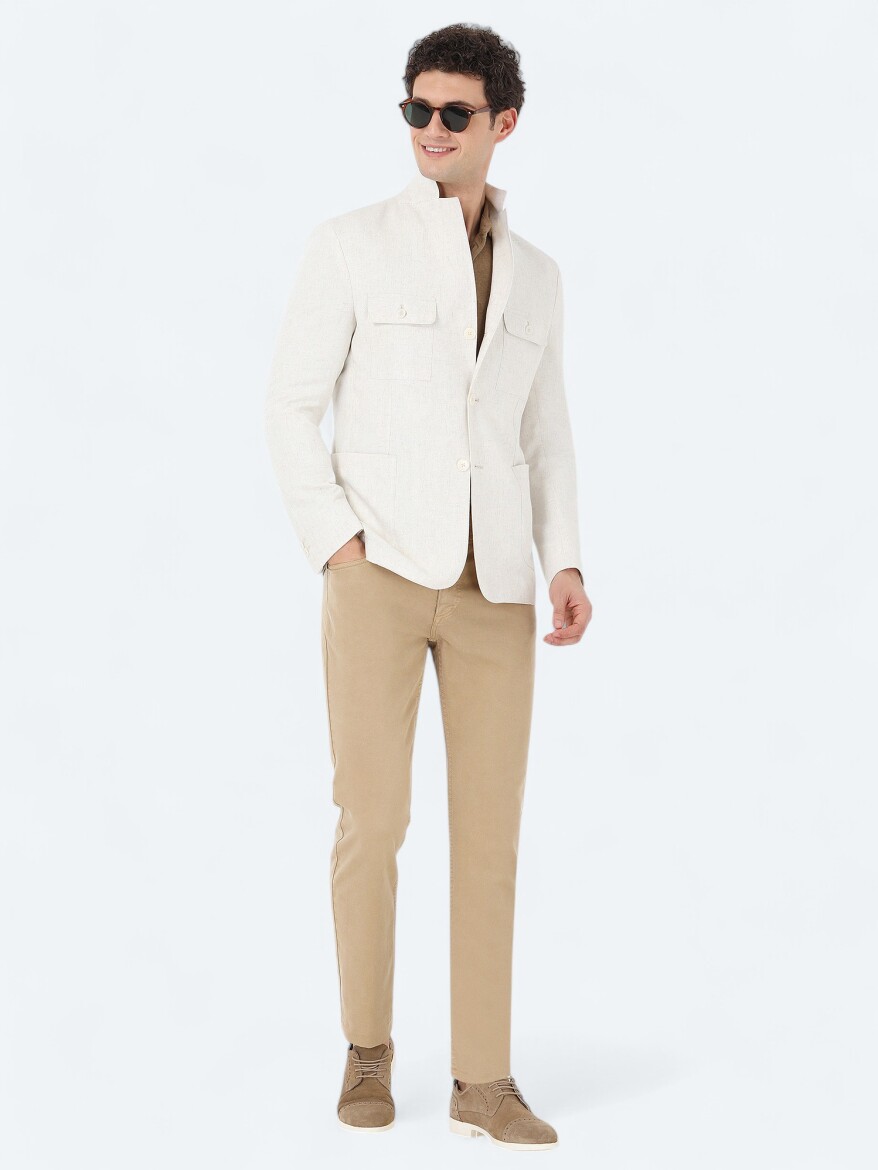 Ekru Düz Modern Fit Keten Karışımlı Takım Elbise - 5