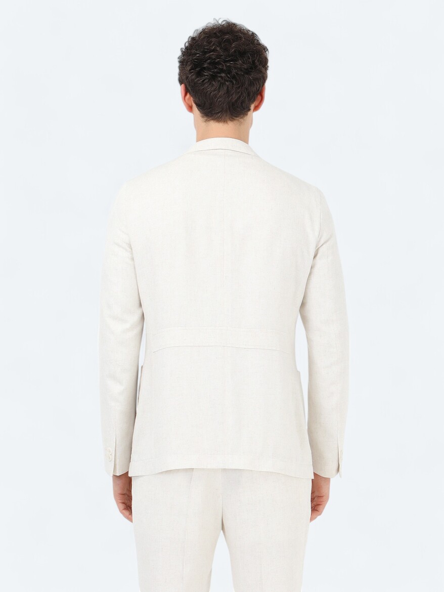 Ekru Düz Modern Fit Keten Karışımlı Takım Elbise - 11
