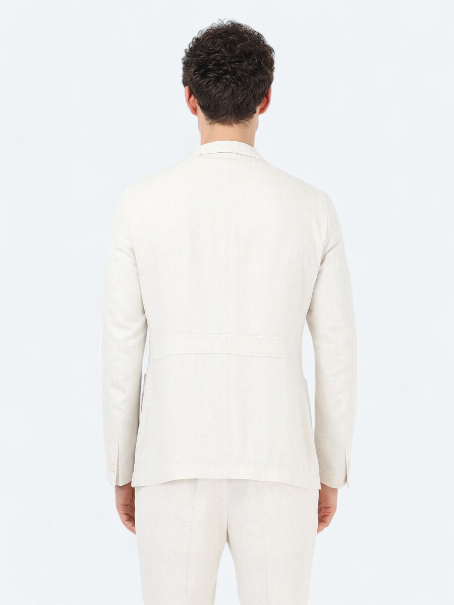 Ekru Düz Modern Fit Keten Karışımlı Takım Elbise - 11