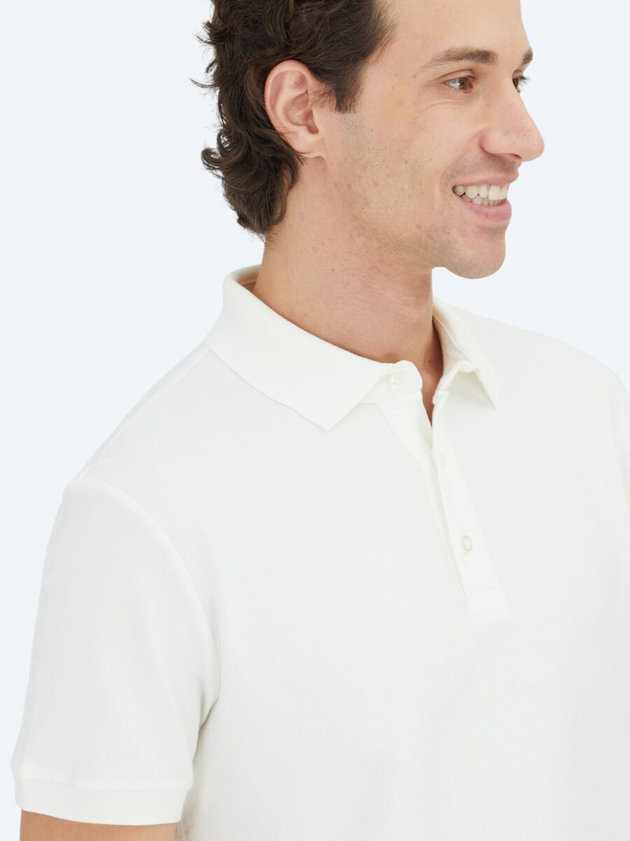 Ekru Düz Polo Yaka %100 Pamuk T-Shirt - 3