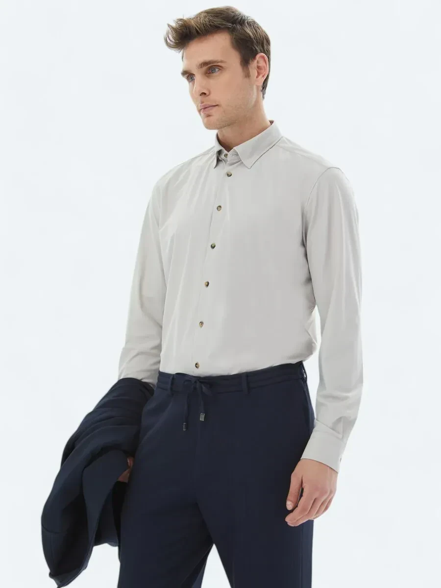 Ekru Düz Regular Fit Casual Gömlek - 3