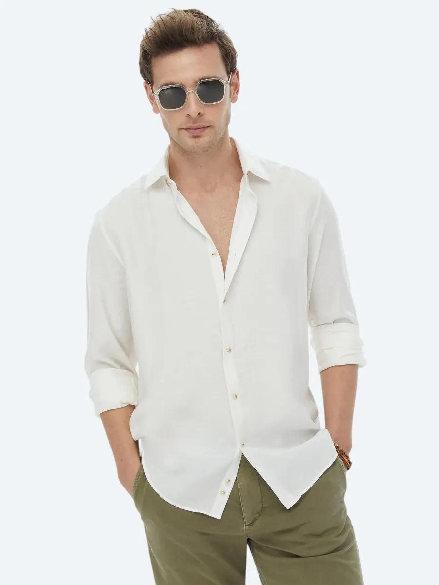 Ekru Düz Regular Fit Dokuma Casual Gömlek - 4