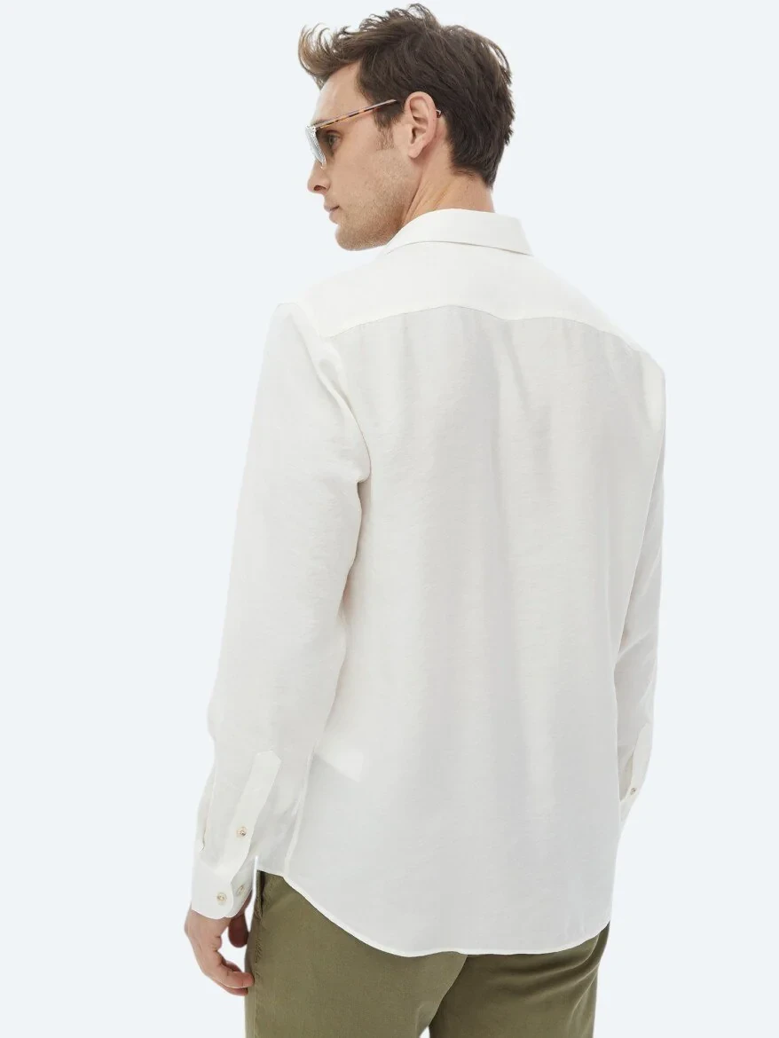 Ekru Düz Regular Fit Dokuma Casual Gömlek - 11