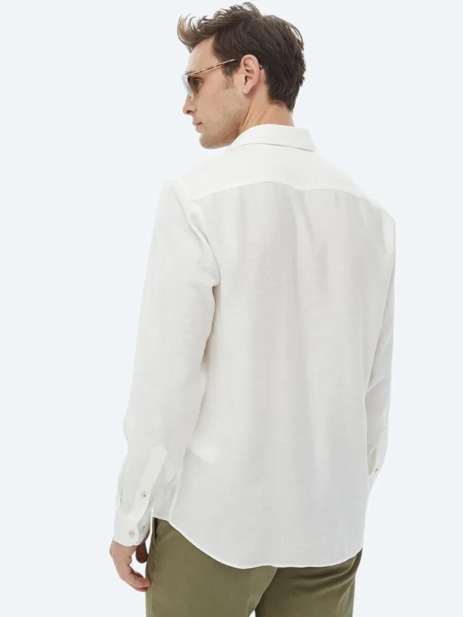 Ekru Düz Regular Fit Dokuma Casual Gömlek - 11
