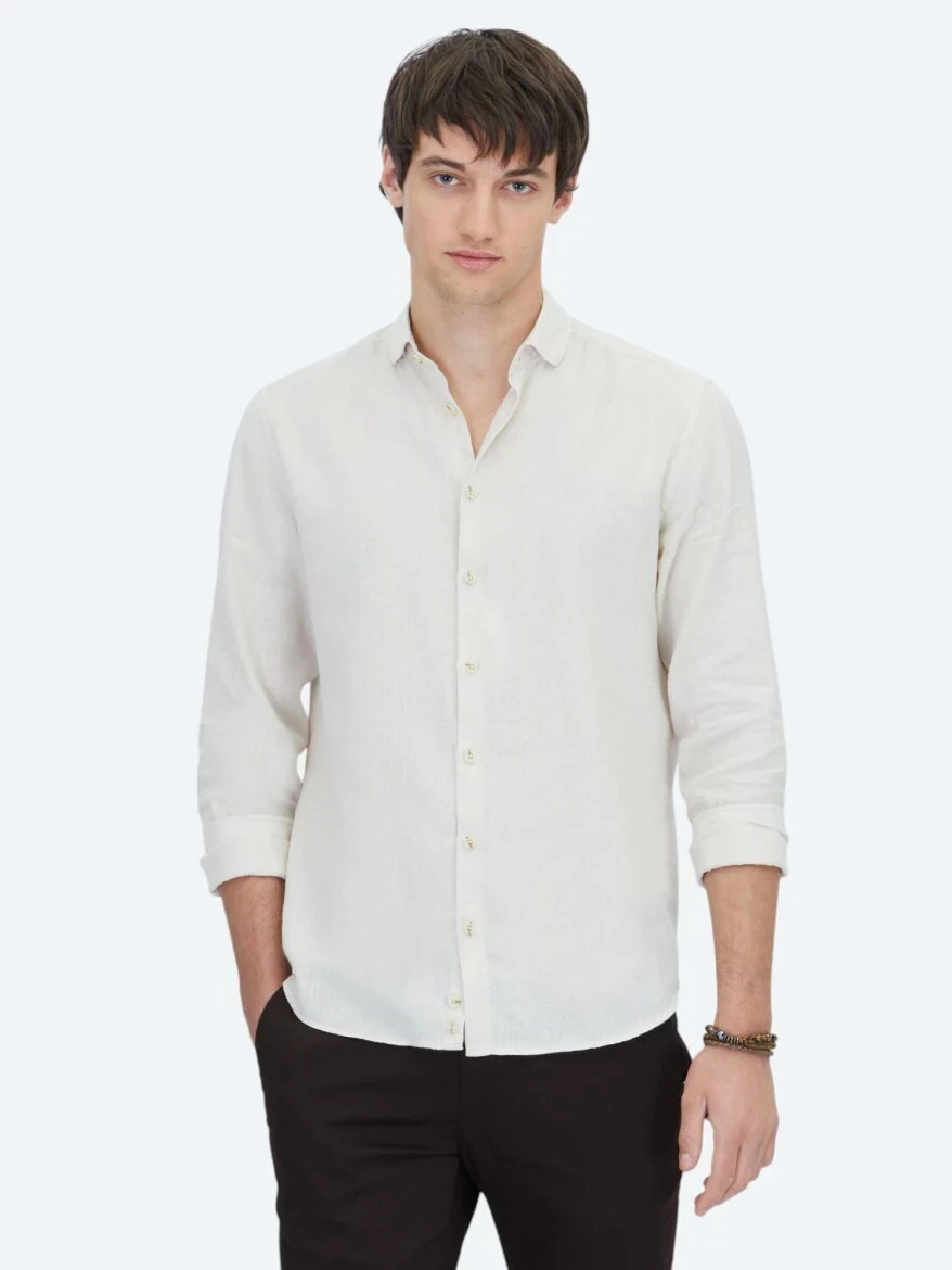 Ekru Düz Regular Fit Dokuma Casual Pamuk Karışımlı Gömlek - 1