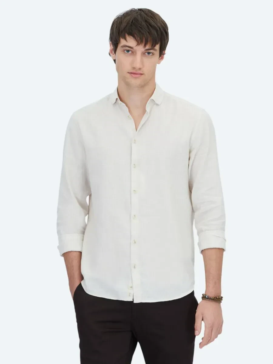 Ekru Düz Regular Fit Dokuma Casual Pamuk Karışımlı Gömlek - 1