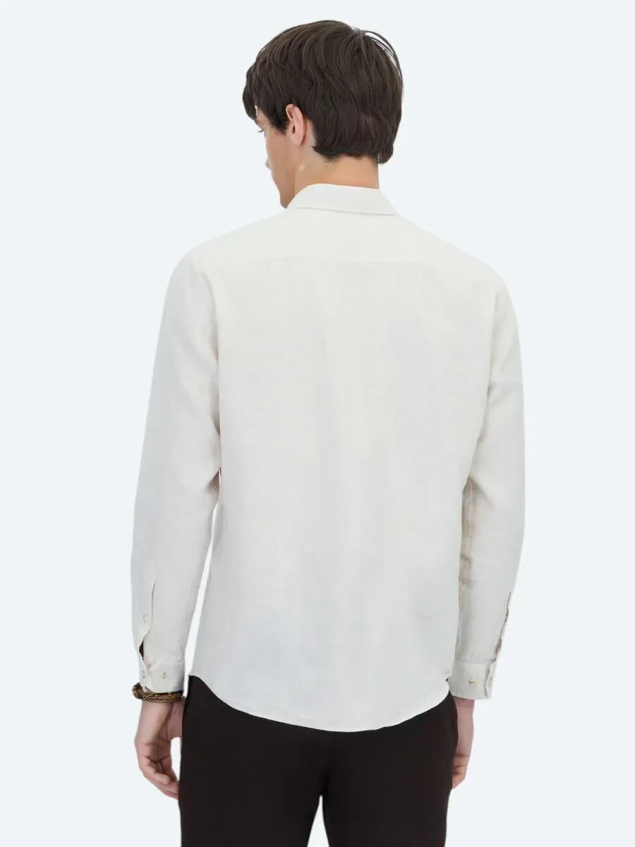 Ekru Düz Regular Fit Dokuma Casual Pamuk Karışımlı Gömlek - 5