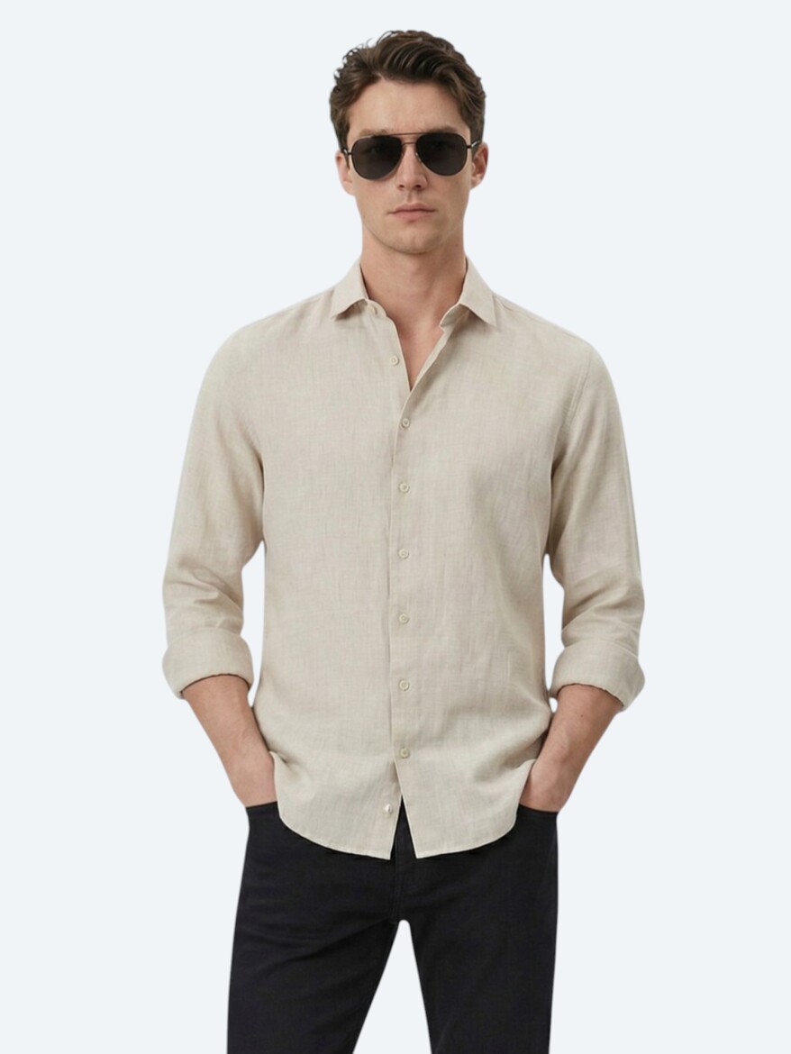 Ekru Düz Regular Fit Dokuma Casual Pamuk Karışımlı Gömlek 