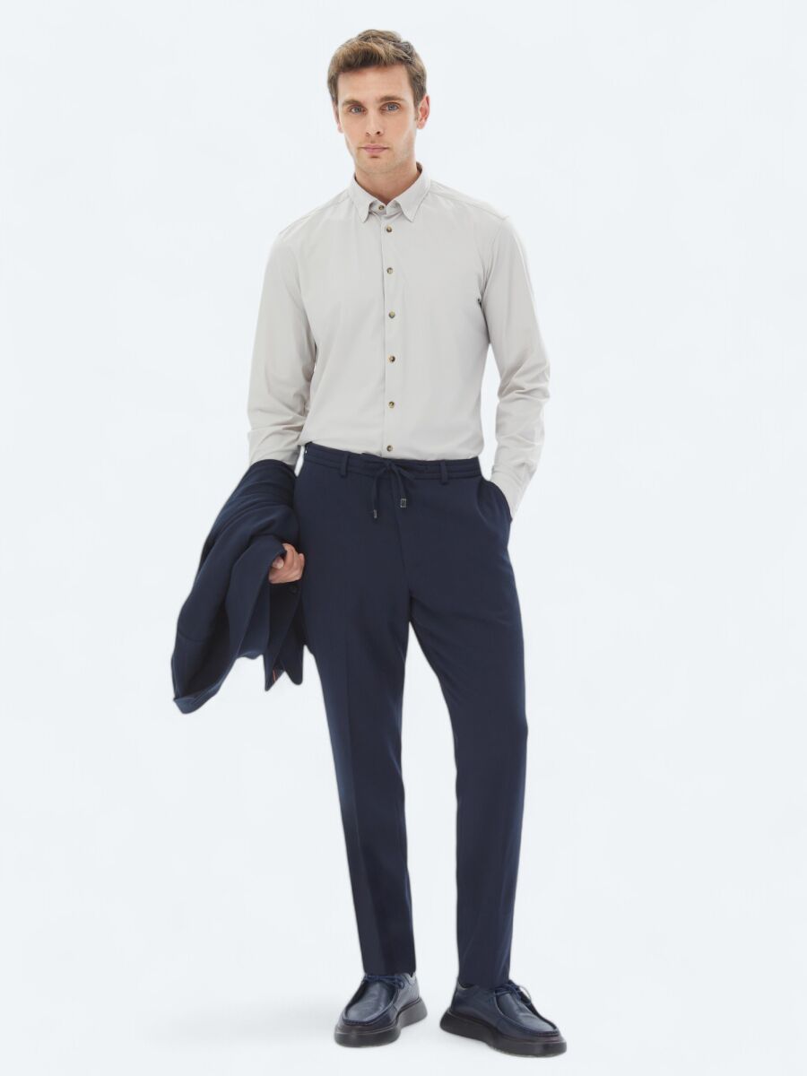 Ekru Düz Regular Fit Uzun Casual Gömlek - 2