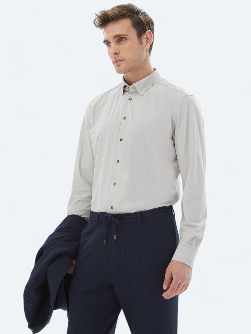 Ekru Düz Regular Fit Uzun Casual Gömlek - 3