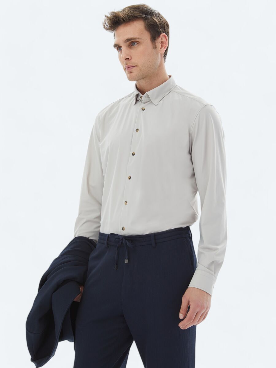 Ekru Düz Regular Fit Uzun Casual Gömlek - 3