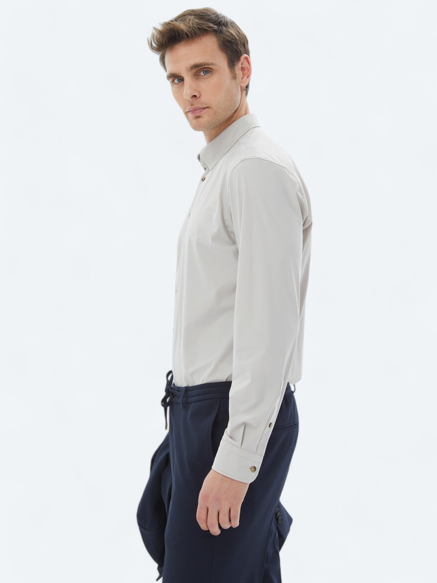 Ekru Düz Regular Fit Uzun Casual Gömlek - 5