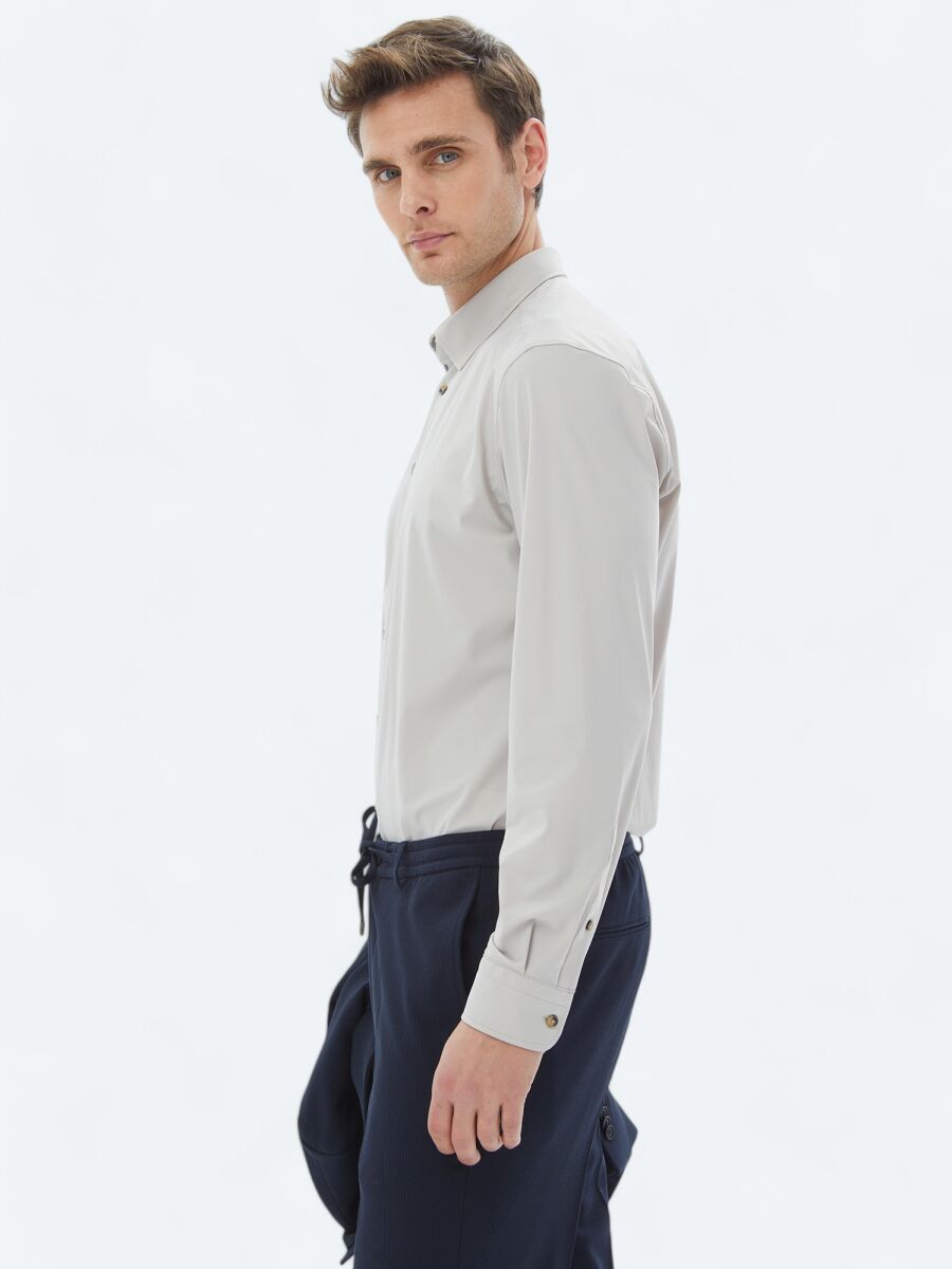 Ekru Düz Regular Fit Uzun Casual Gömlek - 5