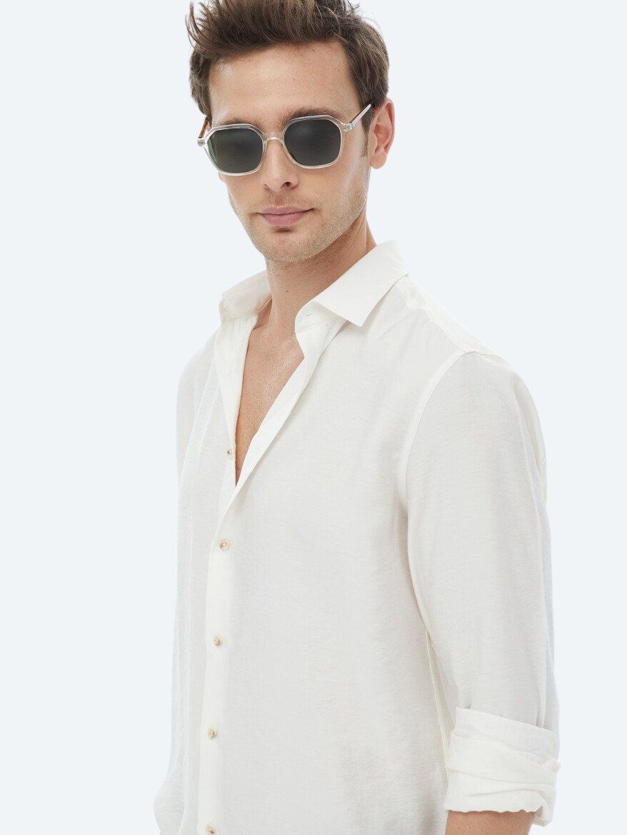 Ekru Düz Regular Fit Uzun Dokuma Casual Gömlek - 8
