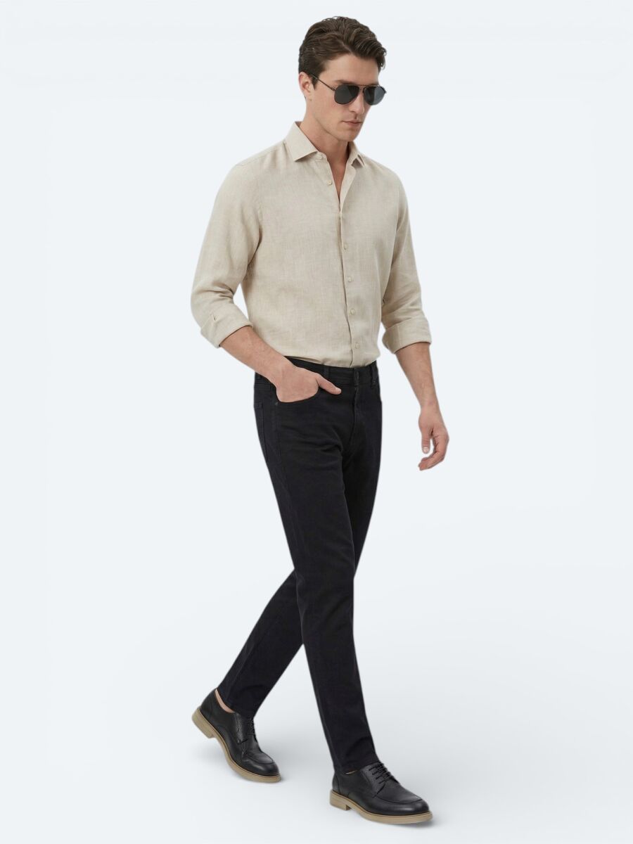 Ekru Düz Regular Fit Uzun Dokuma Casual Pamuk Karışımlı Gömlek - 2