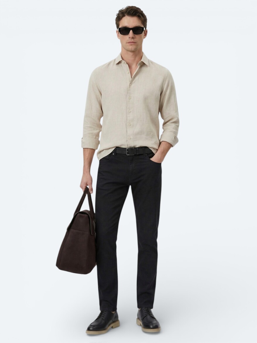 Ekru Düz Regular Fit Uzun Dokuma Casual Pamuk Karışımlı Gömlek - 3