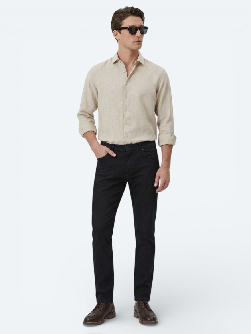 Ekru Düz Regular Fit Uzun Dokuma Casual Pamuk Karışımlı Gömlek - 5