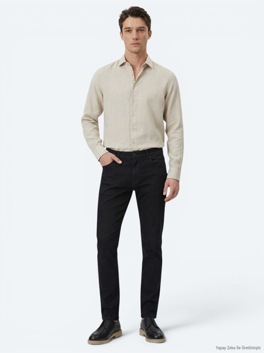 Ekru Düz Regular Fit Uzun Dokuma Casual Pamuk Karışımlı Gömlek - 4