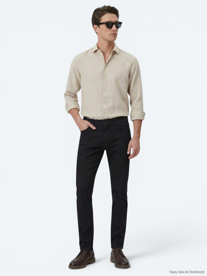 Ekru Düz Regular Fit Uzun Dokuma Casual Pamuk Karışımlı Gömlek - 5