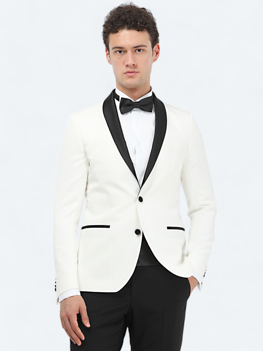 Ekru Düz Slim Fit Şal Yaka Dokuma Smokin Takım Elbise - KİP
