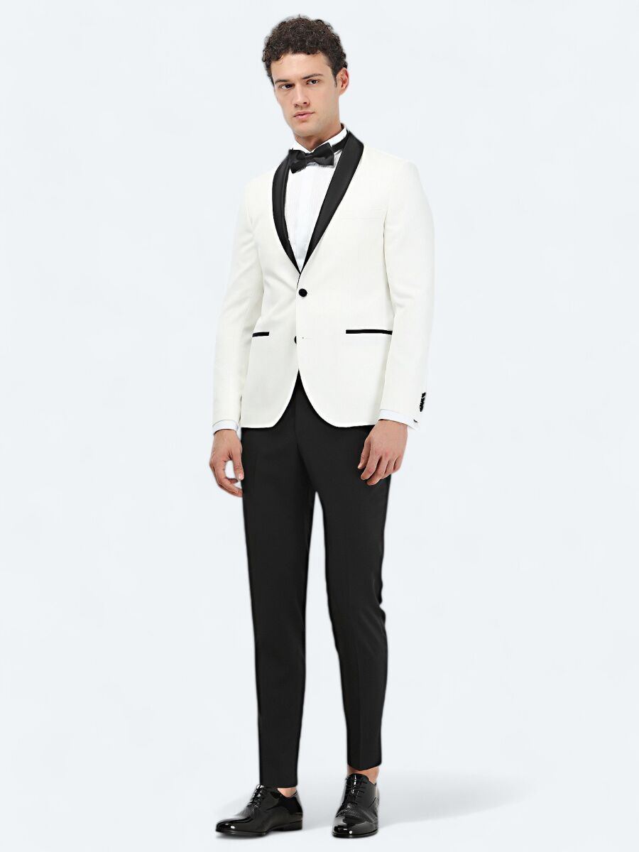Ekru Düz Slim Fit Şal Yaka Dokuma Smokin Takım Elbise - 2