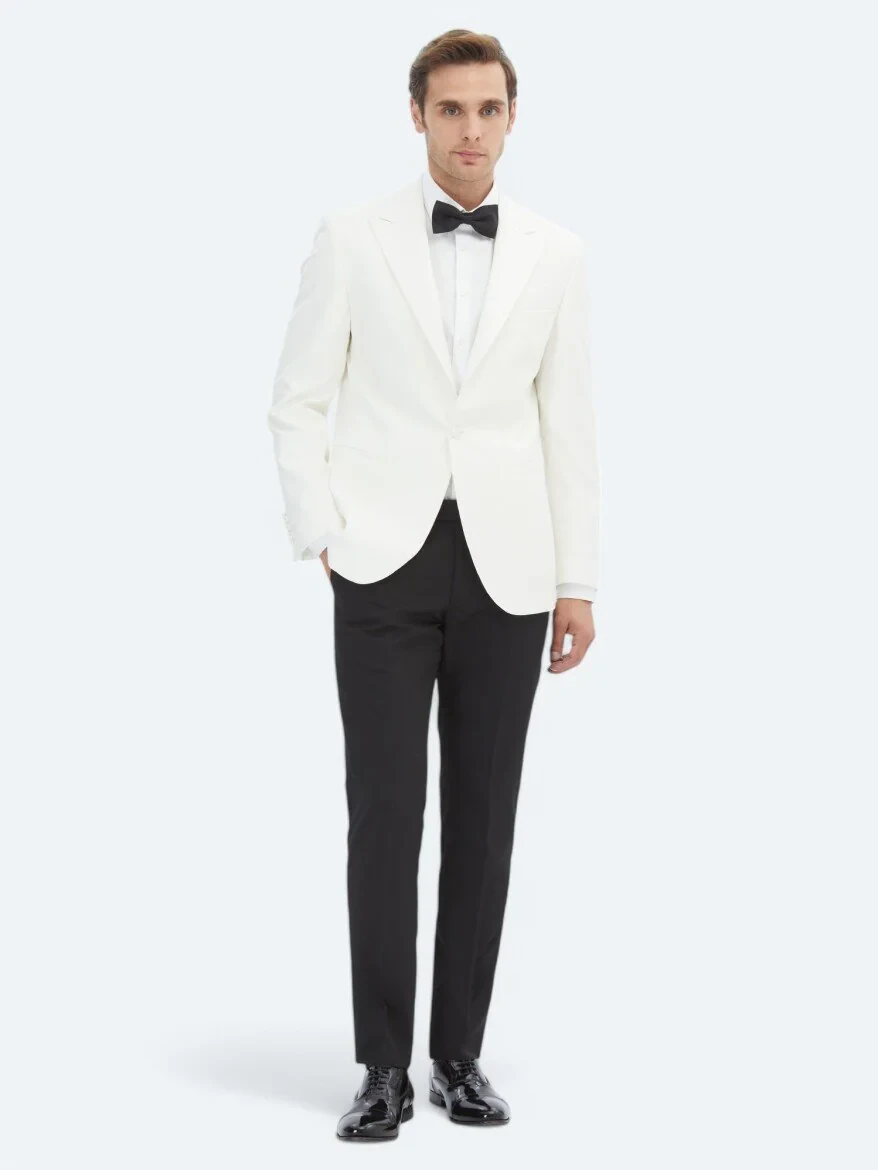 Ekru Düz Slim Fit Kruvaze Yaka Dokuma Smokin Takım Elbise - 2