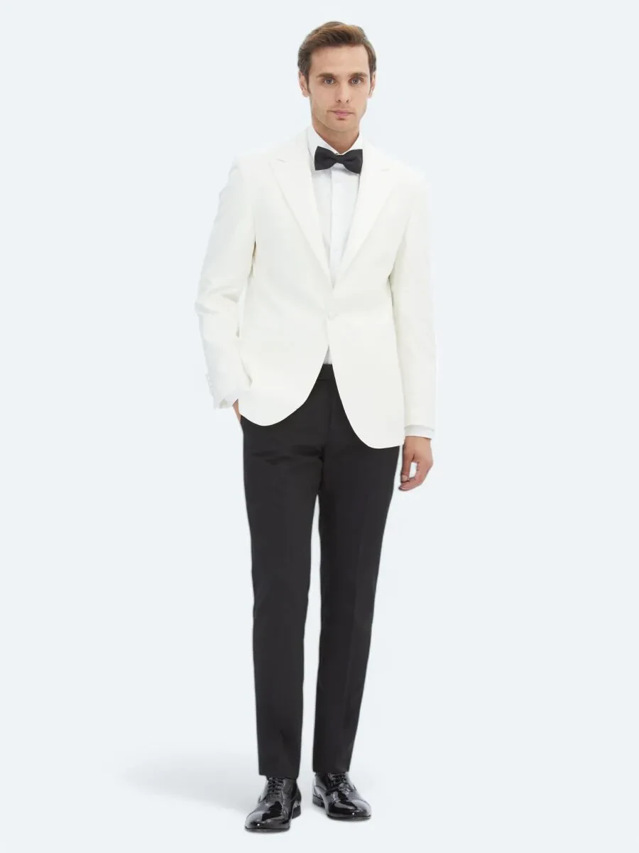 Ekru Düz Slim Fit Kruvaze Yaka Dokuma Smokin Takım Elbise - 2