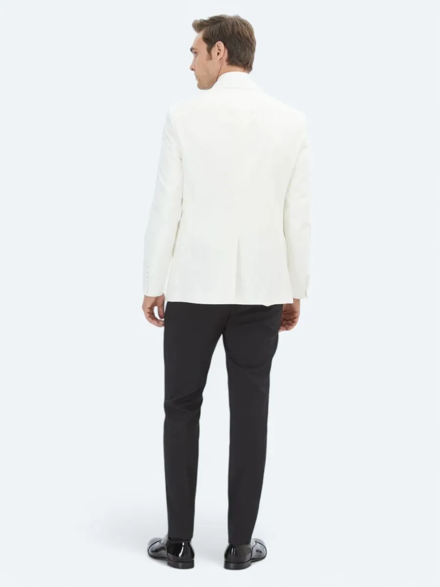 Ekru Düz Slim Fit Kruvaze Yaka Dokuma Smokin Takım Elbise - 5