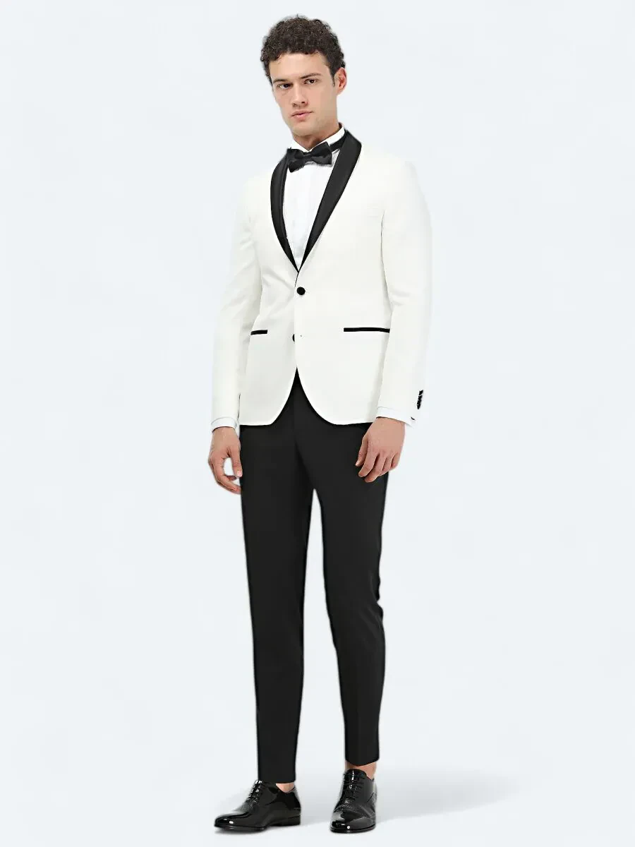 Ekru Düz Slim Fit Şal Yaka Dokuma Smokin Takım Elbise - 2