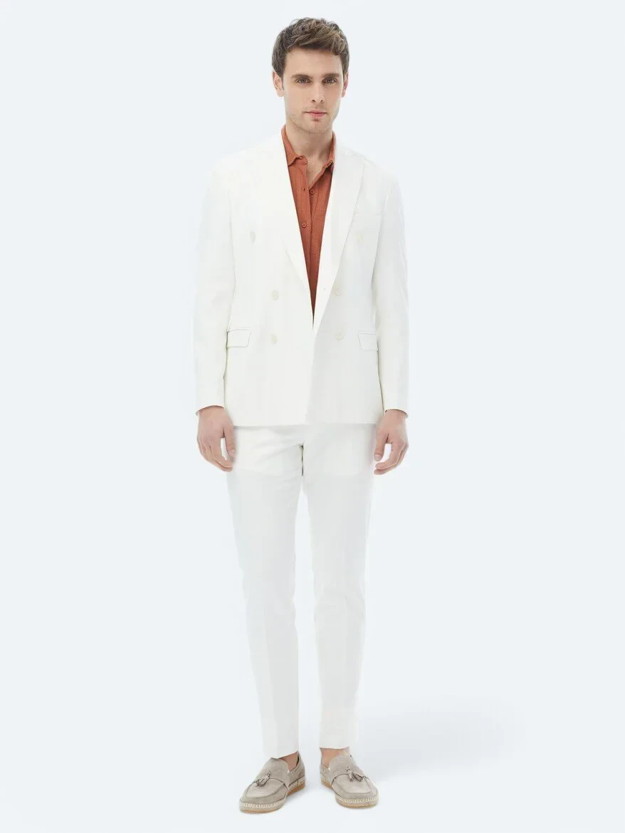 Ekru Düz Slim Fit Takım Elbise - 2