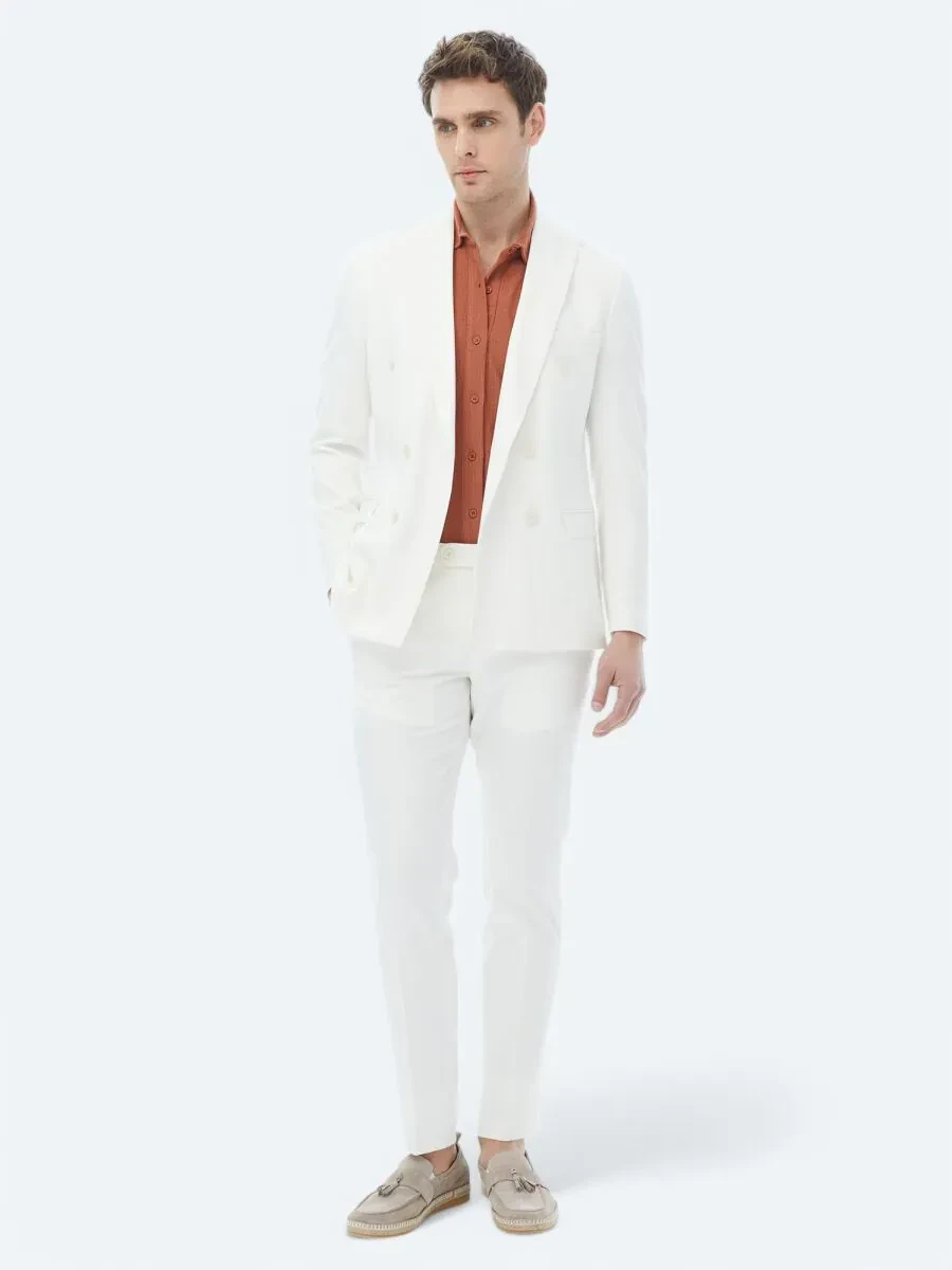 Ekru Düz Slim Fit Takım Elbise - 3