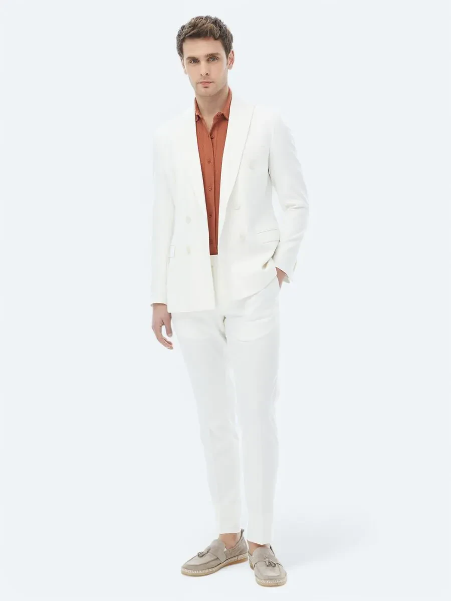 Ekru Düz Slim Fit Takım Elbise - 5