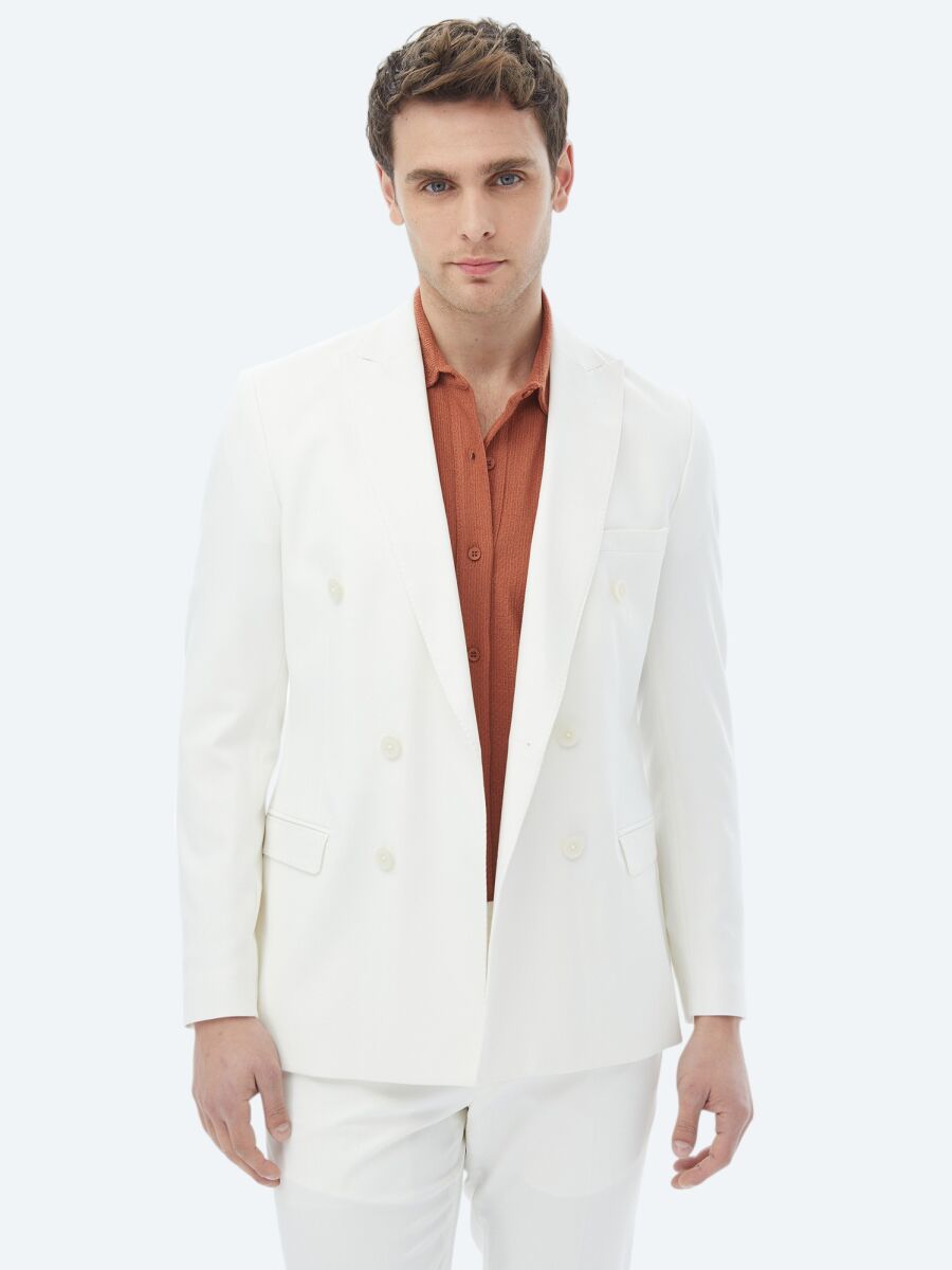 Ekru Düz Slim Fit Takım Elbise - 4