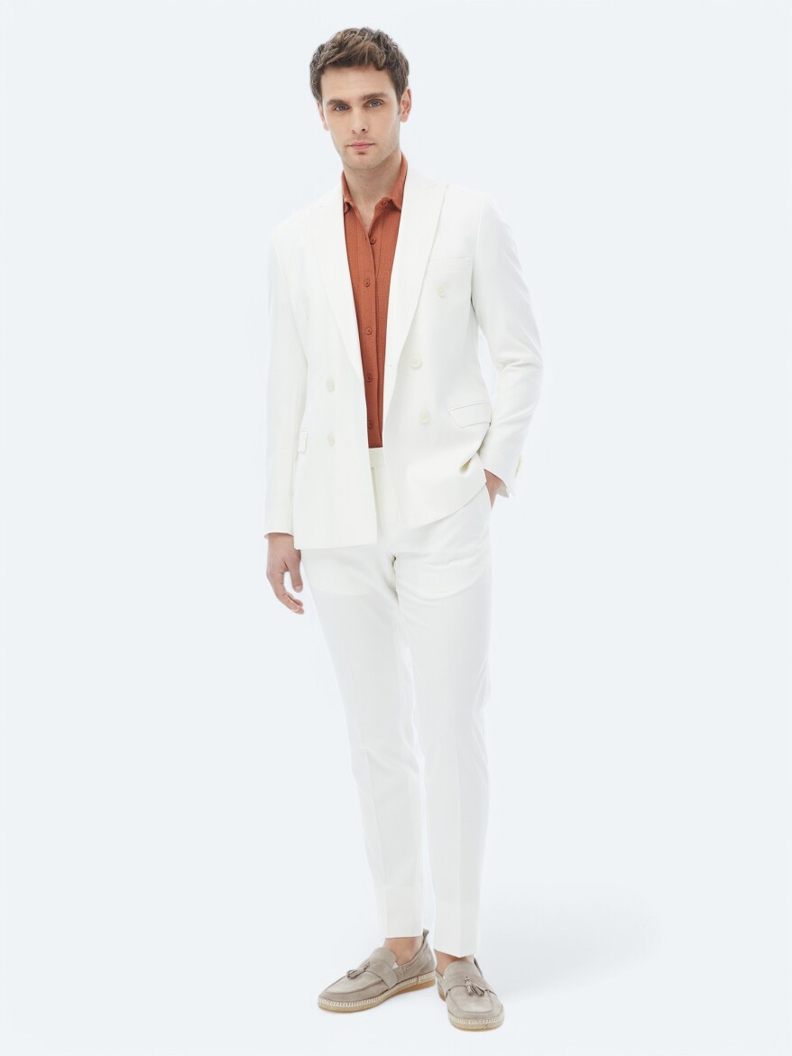 Ekru Düz Slim Fit Takım Elbise - 5