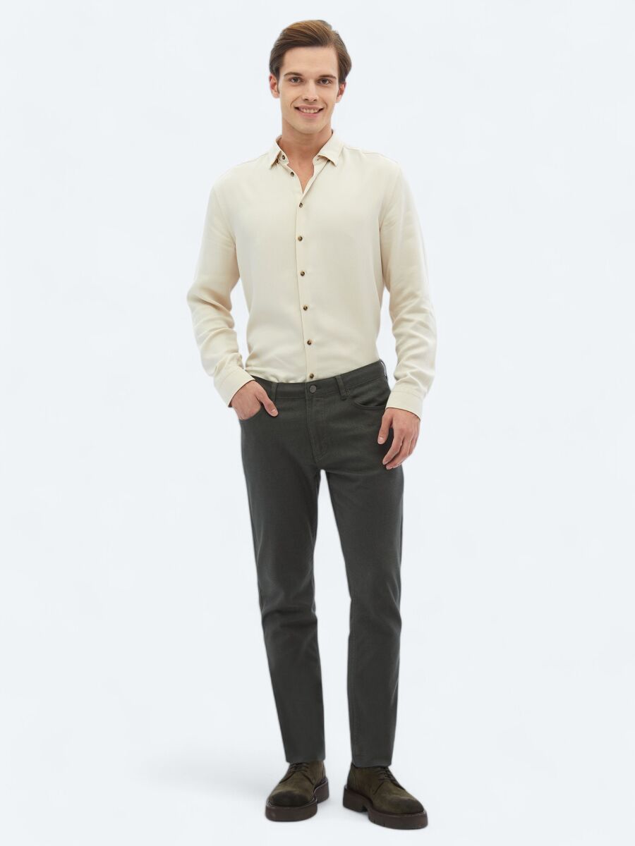 Ekru Fitilli Regular Fit Dokuma Casual Gömlek - 2