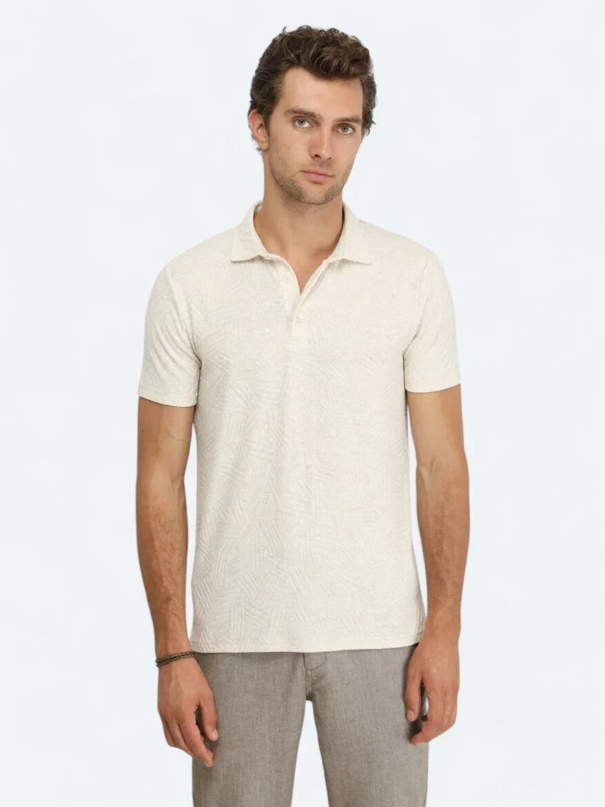 Ekru Jakarlı Polo Yaka Pamuk Karışımlı T-Shirt - KİP